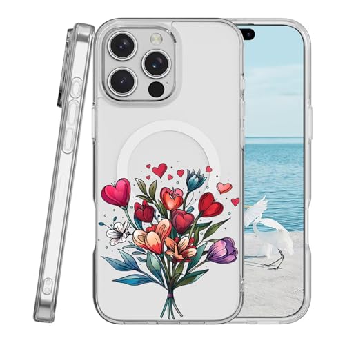 Miagon Herz Blumen Magnetisch Hülle für iPhone 15 Pro Max,Kreativ Transparent Handyhülle [Kompatibel mit MagSafe Kabellosem Laden] Niedlich Blume Stoßfest Schutzhülle von Rnrieyta