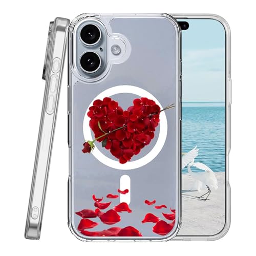 Miagon Herz Blumen Magnetisch Hülle für iPhone 16,Kreativ Transparent Handyhülle [Kompatibel mit MagSafe Kabellosem Laden] Niedlich Blume Stoßfest Schutzhülle von Rnrieyta