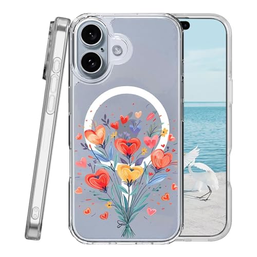 Miagon Herz Blumen Magnetisch Hülle für iPhone 16 Plus,Kreativ Transparent Handyhülle [Kompatibel mit MagSafe Kabellosem Laden] Niedlich Blume Stoßfest Schutzhülle von Rnrieyta