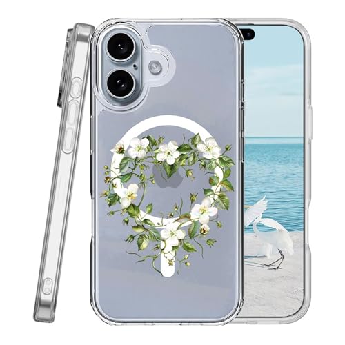 Miagon Herz Blumen Magnetisch Hülle für iPhone 16 Plus,Kreativ Transparent Handyhülle [Kompatibel mit MagSafe Kabellosem Laden] Niedlich Blume Stoßfest Schutzhülle von Rnrieyta