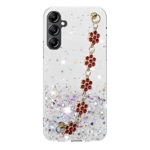Miagon Riemen Kette Hülle Glitzer für Samsung Galaxy A54 5G,Cute Dünn Crystal Schutzhülle Weiches Bling Transparent Case Bumper mit Diamant Blume Kordel Band von Rnrieyta