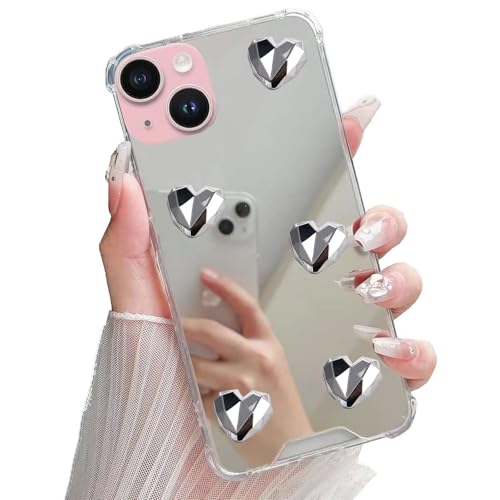 Miagon Spiegel Hülle für iPhone 13,Schutzhülle Nette Silber Chrom 3D Liebe Herz Backcover Überzug Mirror Makeup Handytasche Stoßfeste Protective Bumper von Rnrieyta