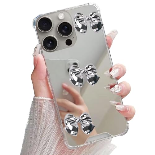 Miagon Spiegel Hülle für iPhone 15 Pro Max,Schutzhülle Nette Silber Chrom 3D Liebe Herz Backcover Überzug Mirror Makeup Handytasche Stoßfeste Protective Bumper von Rnrieyta