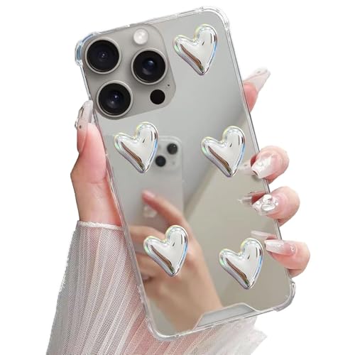 Miagon Spiegel Hülle für iPhone 16 Pro Max,Schutzhülle Nette Silber Chrom 3D Liebe Herz Backcover Überzug Mirror Makeup Handytasche Stoßfeste Protective Bumper von Rnrieyta