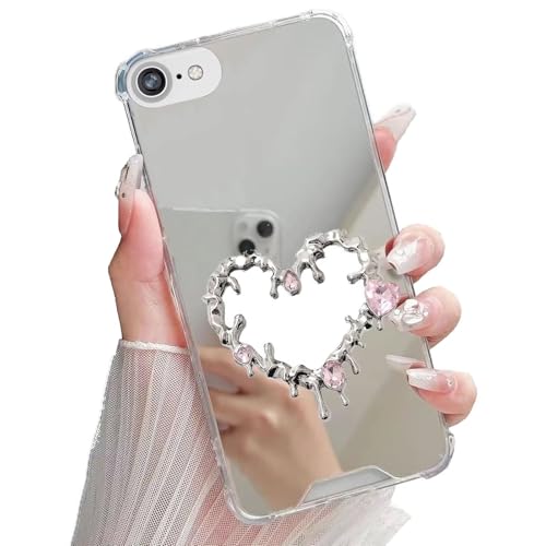 Miagon Spiegel Hülle für iPhone 8/7/SE 2020/2022/2023,Schutzhülle Nette Silber Chrom 3D Liebe Herz Backcover Überzug Mirror Makeup Handytasche Stoßfeste Protective Bumper von Rnrieyta