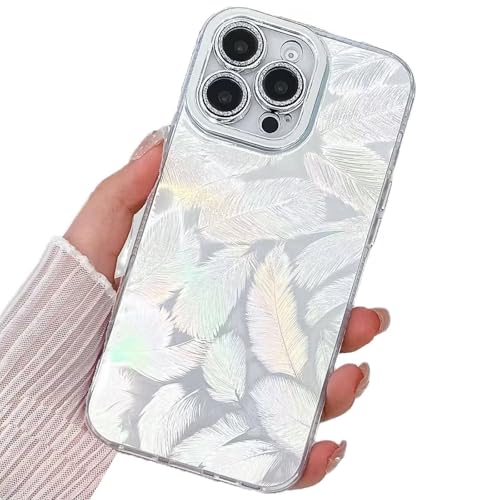 Miagon für iPhone 15 Pro Hülle Niedlich Feder Muster Hart Stoßfeste Glitzer Laser Handyhülle mit Kameraschutz Ästhetischer Schlanke Schutzhülle von Rnrieyta