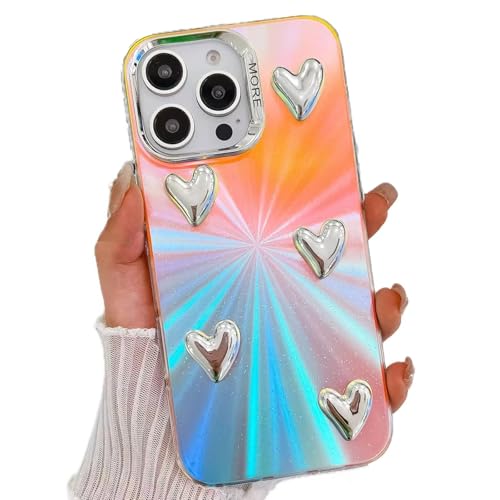 Rnrieyta Bunt Laserhülle für iPhone 16 Pro Max,Regenbogen Laser Handyhülle mit 3D Herz Schillernde Bling Glitzer Holografisch Hülle Matt Schutzhülle für Mädchen Frauen von Rnrieyta