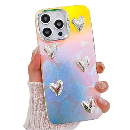 Rnrieyta Bunt Laserhülle für iPhone 16 Pro Max,Regenbogen Laser Handyhülle mit 3D Herz Schillernde Bling Glitzer Holografisch Hülle Matt Schutzhülle für Mädchen Frauen von Rnrieyta