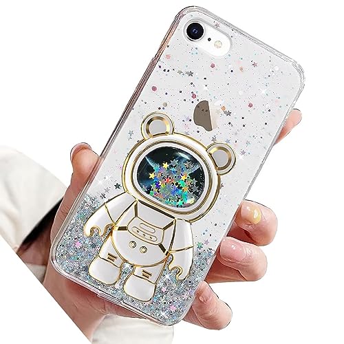 Rnrieyta Miagon Bär Astronaut Ständer Hülle Glitzer für iPhone 6S/6,Cute Mädchen Dünn Crystal Schutzhülle Treibsand Bling Transparent Case Bumper mit Astronaut Halter Kickständer,Durchsichtig von Rnrieyta