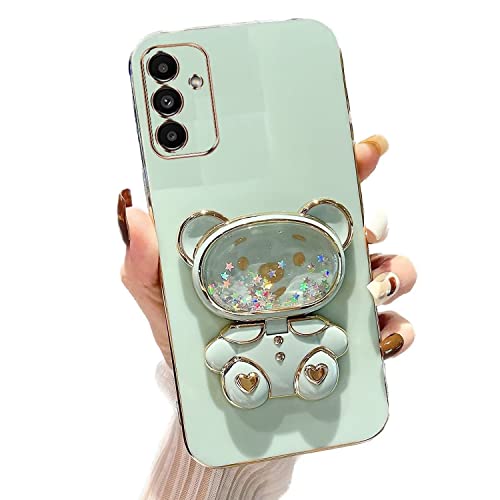 Rnrieyta Miagon Bär Spiegel Ständer Hülle für Samsung Galaxy A24 4G,Cute Mädchen Dünn Treibsand Glitzer Galvanisierte Schutzhülle Weiches Case Bumper mit Spiegel Halter Kickständer von Rnrieyta