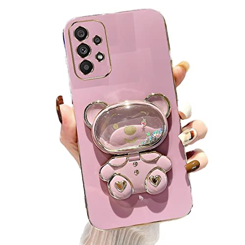 Rnrieyta Miagon Bär Spiegel Ständer Hülle für Samsung Galaxy A32 5G,Cute Mädchen Dünn Treibsand Glitzer Galvanisierte Schutzhülle Weiches Case Bumper mit Spiegel Halter Kickständer von Rnrieyta