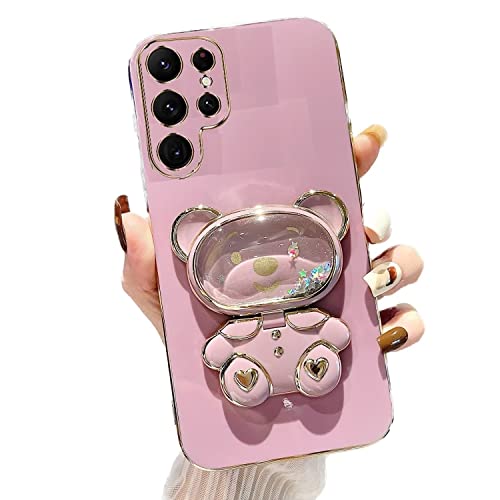 Rnrieyta Miagon Bär Spiegel Ständer Hülle für Samsung Galaxy S22 Ultra,Cute Mädchen Dünn Treibsand Glitzer Galvanisierte Schutzhülle Weiches Case Bumper mit Spiegel Halter Kickständer von Rnrieyta