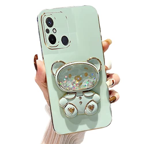 Rnrieyta Miagon Bär Spiegel Ständer Hülle für Xiaomi Redmi 12C,Cute Mädchen Dünn Treibsand Glitzer Galvanisierte Schutzhülle Weiches Case Bumper mit Spiegel Halter Kickständer von Rnrieyta