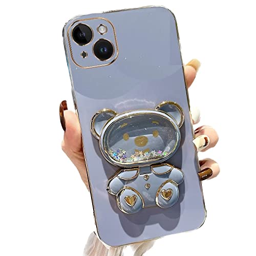 Rnrieyta Miagon Bär Spiegel Ständer Hülle für iPhone 15,Cute Mädchen Dünn Treibsand Glitzer Galvanisierte Schutzhülle Weiches Case Bumper mit Spiegel Halter Kickständer von Rnrieyta
