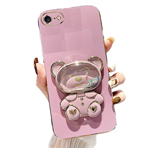 Rnrieyta Miagon Bär Spiegel Ständer Hülle für iPhone 6 Plus/6S Plus,Cute Mädchen Dünn Treibsand Glitzer Galvanisierte Schutzhülle Weiches Case Bumper mit Spiegel Halter Kickständer von Rnrieyta