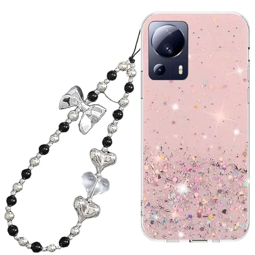Rnrieyta Miagon Glitzer Hülle für Xiaomi 13 Lite,Bling Klar Handyhülle Durchsichtig Sparkle Sterne Case Cover Slim Schutzhülle mit Perlen Herz Schmetterling Armband Kette von Rnrieyta
