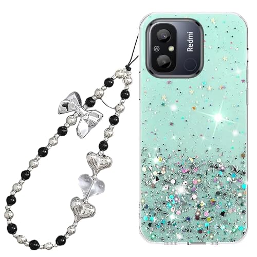 Rnrieyta Miagon Glitzer Hülle für Xiaomi Redmi 12C,Bling Klar Handyhülle Durchsichtig Sparkle Sterne Case Cover Slim Schutzhülle mit Perlen Herz Schmetterling Armband Kette von Rnrieyta