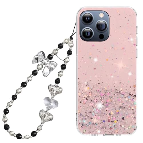 Rnrieyta Miagon Glitzer Hülle für iPhone 15 Pro Max,Bling Klar Handyhülle Durchsichtig Sparkle Sterne Case Cover Slim Schutzhülle mit Perlen Herz Schmetterling Armband Kette von Rnrieyta