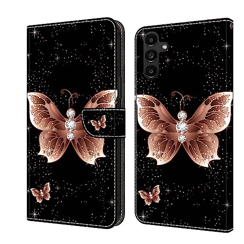 Rnrieyta Miagon Kickstand Flip PU Leder Schutzhülle für Samsung Galaxy A14 5G/4G,Bunt Muster Hülle Brieftasche Case Cover Ständer mit Kartenfächer,Rose Gold Schmetterling von Rnrieyta