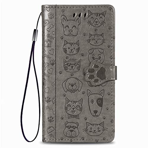 Rnrieyta Miagon PU Leder Brieftasche Hülle für iPhone 15 Plus,Katze Hund Tier Prägung Design Flip Tasche Standfunktion Cover mit Karten Slot Magnetverschluss Lanyard,Grau von Rnrieyta