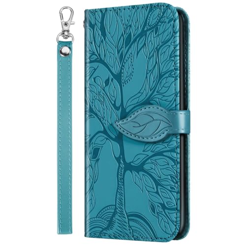Rnrieyta Miagon Prägung Lederhülle für Honor 90 Lite,Handyhülle Tasche Brieftasche Hülle Bookstyle Schutzhülle Flip Case Cover Klapphülle Kartenfächer,Blau von Rnrieyta