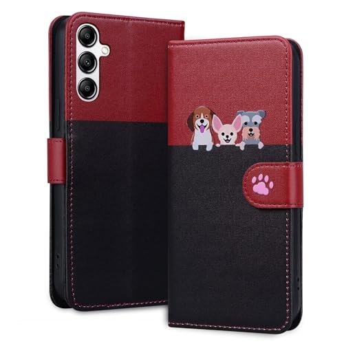 Rnrieyta Miagon für Samsung Galaxy A15 5G Hülle,Cartoon Hund Katze Handyhülle Gespleißt Brieftasche Klapphülle mit Kartenfach Ständer PU Leder Flip Case Cover Magnetverschluss,Schwarz von Rnrieyta