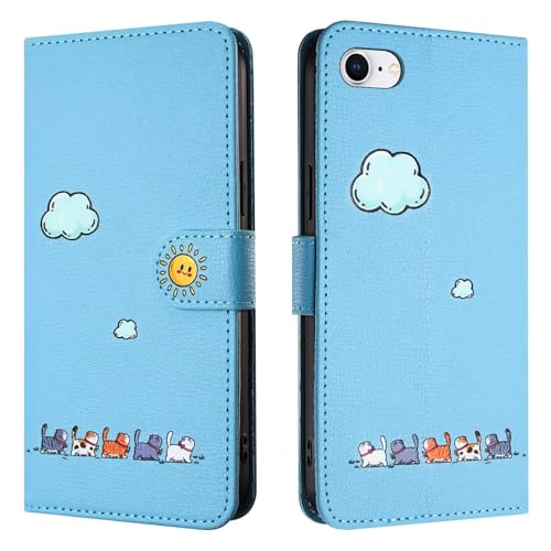 Rnrieyta Miagon für iPhone 6S/6 Hülle,Cartoon Cute Wolke Katze Handyhülle Brieftasche Klapphülle mit Kartenfach Ständer PU Leder Flip Case Cover Magnetverschluss,Blau von Rnrieyta