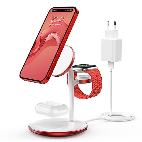 3 in 1 Induktive Ladestation für mehrere Geräte,Kabellos Ladestation,15W Wireless Charger Kompatibel mit Mag Safe Ladegerät für iPhone 15 14 13 12 Pro Max,iWatch Ultra 2/1,Series 9,Red von RoRoSkin