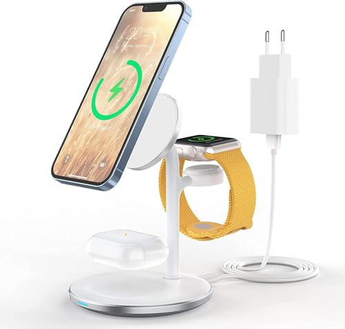 3 in 1 Kabellos Ladestation,Induktive Ladestation,15W Wireless Charger Kompatibel mit Mag Safe Ladegerät für iPhone 15 14 13 12 Pro Max/Plus,iWatch Ultra 2/1,Series 9,AirPods von RoRoSkin