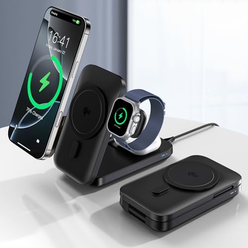 3 in 1 Wireless Charger Stand,15W Qi2 Mag-Safe Ladegerät,Induktive Kabelloses Ladepad für iPhone 16 15 14 13 12&Apple Watch Ultra 2/ SE/10 9 8 7 6 5 4/AirPods Pro 4 3 2 (Adapter Nicht enthalten) von RoRoSkin