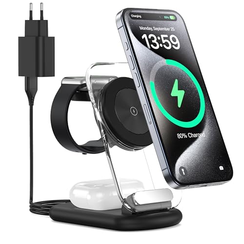 3 in 1 Wireless Charging Station for Mag-Safe, Foldable Adjustable Magnetic Wireless Charger, Travel Mag-Safe Charger Stand with Light for iPhone 15/14/13/12 Series, AirPods 3/2/Pro, Apple Watch von RoRoSkin