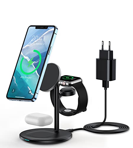 3 in 1 induktive Ladestation für Apple Geräte Kompatibel mit Mag Safe Ladegerät, iWatch Ultra2/1/Series 9/8,AirPods,15W für iPhone 15/14/13/12 Pro Max/Plus, kabellose Ladepad Ladeständer von RoRoSkin