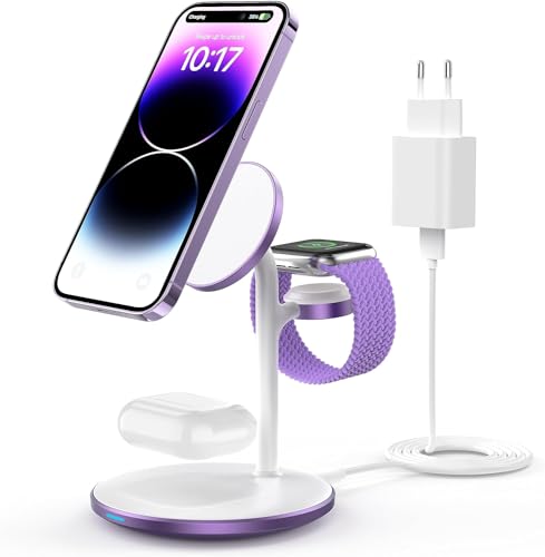 3 in 1 kabellose Ladestation für mehrere Geräte, 15W Induktive Ladestation, Mag Safe Ladeständer iPhone 15 14 13 Pro Max/Plus,Mag Safe Ladegerät für iWatch Ultra 2/1,Series 9/8,AirPods von RoRoSkin