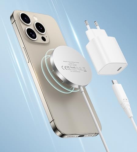 Mag-Safe Ladegerät, magnetische Ladestation, induktives kabelloses Ladepad, kabelloses Ladegerät kompatibel mit iPhone 15/14/13 Serie,AirPods Ultra Slim mit 20W USB C Adapter von RoRoSkin
