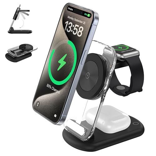 Mag Safe Ladestation,kabellos Ladeständer,Faltbar, Wireless Charger einstellbar, Atmosphärenlicht Kompatibel mit iWatch Phone15/14/13/12 Pro Max Graphitschwarz-Ohne Adapter von RoRoSkin