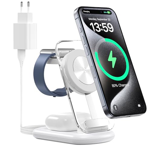 Mag Safe Ladestation Für Apple Watch und iPhone, Mag Safe ladegerät, 3 in 1 Faltbar Kabellos Ladegerät mit iPhone 15 14 13, Travel Charging Pad IWatch Ultra 2/1,AirPods von RoRoSkin