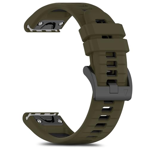 RoYiio Sport Armband für Garmin Fēnix/Garmin Enduro/Garmin Epix/Garmin Quatix/Garmin Marq Armband Silikon Weich Atmungsaktiv Ersatzarmband für Damen und Herren - QuickFit 26mm (Armeegrün Schwarz) von RoYiio