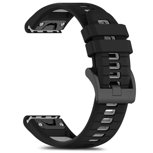 RoYiio Sport Armband für Garmin Fēnix/Garmin Enduro/Garmin Epix/Garmin Quatix/Garmin Marq Armband Silikon Weich Atmungsaktiv Ersatzarmband für Damen und Herren - QuickFit 26mm (Schwarz Grau) von RoYiio