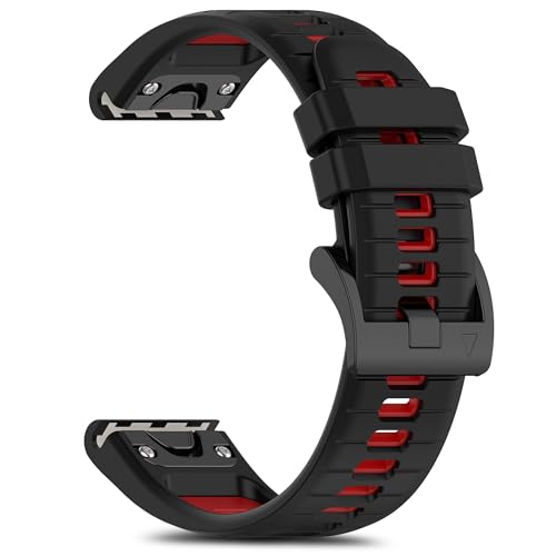 RoYiio Sport Armband für Garmin Fēnix/Garmin Enduro/Garmin Epix/Garmin Quatix/Garmin Marq Armband Silikon Weich Atmungsaktiv Ersatzarmband für Damen und Herren - QuickFit 26mm (Schwarz Rot) von RoYiio