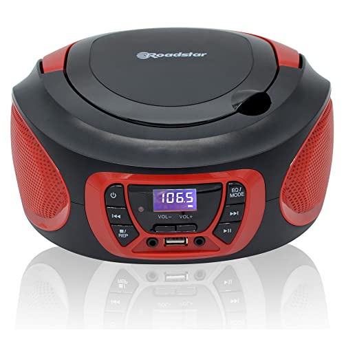 Roadstar CDR-365U/RD Tragbarer Radio-CD-Spieler Digital FM PLL, Boombox-CD-Spieler, CD-R, CD-RW, CD-MP3, USB-Anschluss, Stereo, AUX-IN, Kopfhörerausgang, Schwarz/Rot von Roadstar