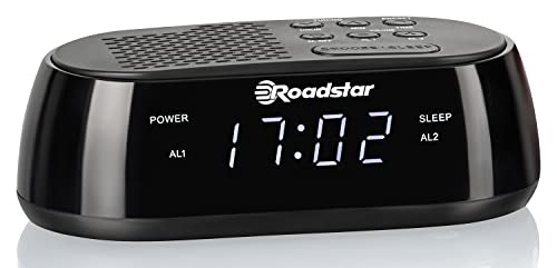 Roadstar CLR-2477 Radiowecker, Digitaler Radio PLL-FM, Zwei Weckzeiten und Schlaf Timer, USB-Anschluss, 20 Senderspeicher, LCD-Display, Schlummerfunktion, Schwarz von Roadstar