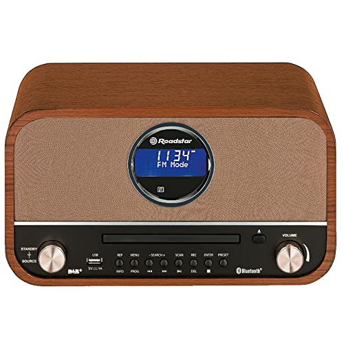 Roadstar DAB Nostalgie Retro-Radio mit Bluetooth und CD / MP3 Player im Holzgehäuse mit Weck-Funktion (USB, AUX-In, RDS), 15 Watt RMS, braun von Roadstar