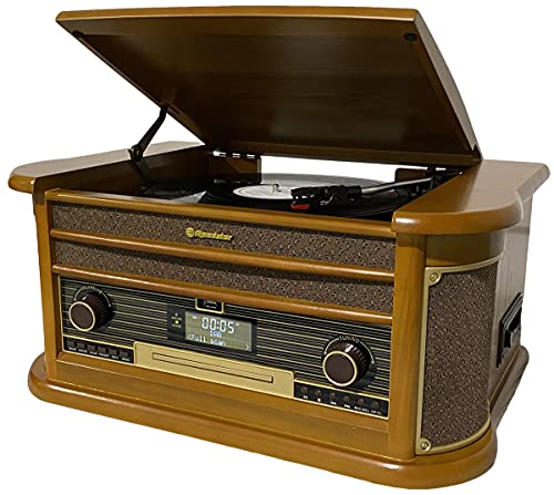 Roadstar HIF-1996D+BT Retro-Musikanlage mit DAB-Radio und Plattenspieler (DAB+, CD / MP3-Player, Kassette, Bluetooth, USB, AUX-In, Encoding-Funktion, 40 Watt Musikleistung, Kopfhöreranschluss, Holzgeh von Roadstar