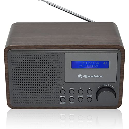 Roadstar HRA-700D+/WD Tragbares Radio Vintage Digital Dab/Dab+/FM funktioniert mit Netzwerk oder Batterien, Kopfhöreranschluss, Retro-Radio für Haus und Küche, Wecker mit Dual-Alarm, Holz von Roadstar