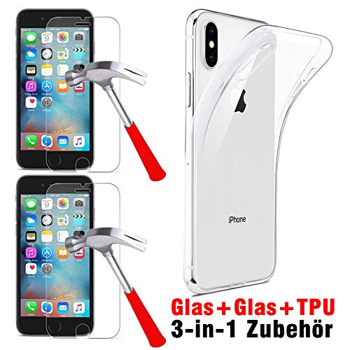 Panzerfolie und Schutzhülle Transparent für iPhone 7 / iPhone 8, Zubehör-Set 3in1 [2x Panzerglas Folie, 1x Handyhülle Silikon Durchsichtig] von Roar