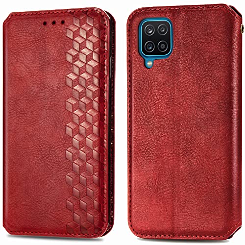 Roar Handy Hülle für Samsung Galaxy A12, PU Leder Flip Case Tasche mit 3D Motiv, Elegante Unisex Klapphülle mit Kartenfach, Ständer und Magnet-Verschluss | Rot von Roar