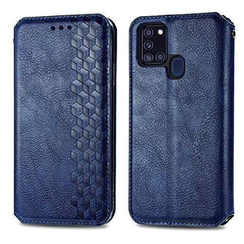 Roar Handy Hülle für Samsung Galaxy A21s, PU Leder Flip Case Tasche mit 3D Motiv, Elegante Unisex Klapphülle mit Kartenfach, Ständer und Magnet-Verschluss | Blau von Roar
