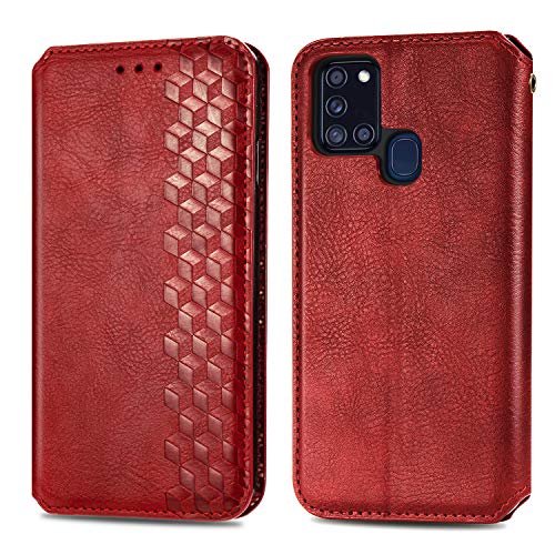 Roar Handy Hülle für Samsung Galaxy A21s, PU Leder Flip Case Tasche mit 3D Motiv, Elegante Unisex Klapphülle mit Kartenfach, Ständer und Magnet-Verschluss | Rot von Roar