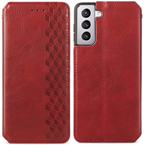 Roar Handy Hülle für Samsung Galaxy S21 5G, PU Leder Flip Case Tasche mit 3D Motiv, Elegante Unisex Klapphülle mit Kartenfach, Ständer und Magnet-Verschluss | Rot von Roar