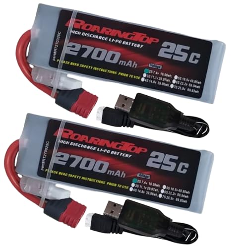 RoaringTop 2S Lipo Akku 7,4V 2700mAh 25C mit Stecker T Kompatibel mit WLtoys 104009/104002/104072/124017/124018 1:10 1:12 RC Auto LKW mit 2 USB-Ladegeräten (2 Stück) von RoaringTop